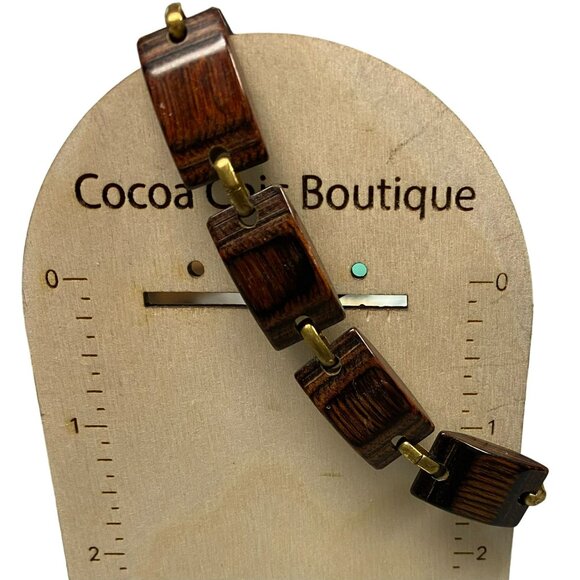 Vintage Rectangle Wood Bead Gold Tone Link Bracelet Mens or Womens Unisex - Picture 5 of 5